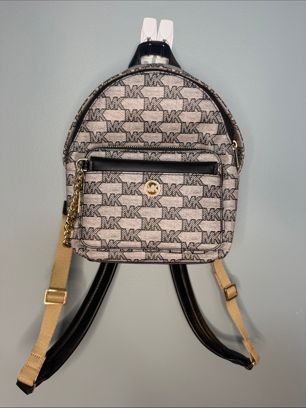 Michael Kors Black and White MK Logo Mini Backpack with Gold Hardware